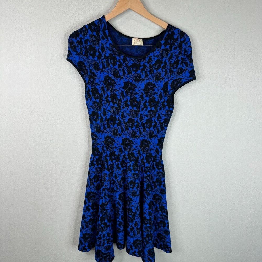 Torn by Ronny Kobo Women's Peplum Skater Mini Dress Cap Sleeve Blue/Black Size L